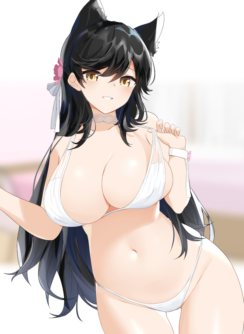 animal_ear_fluff animal_ears atago_(azur_lane) atago_(summer_march)_(azur_lane) azur_lane bad_id bad_pixiv_id bikini bikini_tug black_hair blurry blurry_background blush breasts brown_eyes choker cleavage commentary covered_nipples cowboy_shot extra_ears female flower groin hair_between_eyes hair_flower hair_ornament hair_ribbon highres large_breasts long_hair looking_at_viewer midriff mole mole_under_eye navel official_alternate_costume parted_lips revision ribbon shengtian shiny_skin smile solo standing swept_bangs swimsuit white_bikini white_choker white_ribbon wrist_cuffs