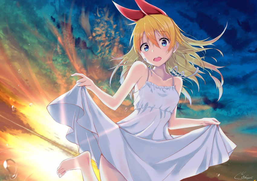 bare_arms bare_shoulders blonde_hair blue_eyes cac_itinose collarbone commentary_request dress dutch_angle female frilled_dress frills hair_between_eyes hair_ribbon highres horizon kirisaki_chitoge long_hair looking_at_viewer nisekoi open_mouth outdoors red_ribbon ribbon salar_de_uyuni signature skirt_hold sleeveless sleeveless_dress solo standing standing_on_one_leg sunset teeth touyama_nao upper_teeth_only water_drop white_dress