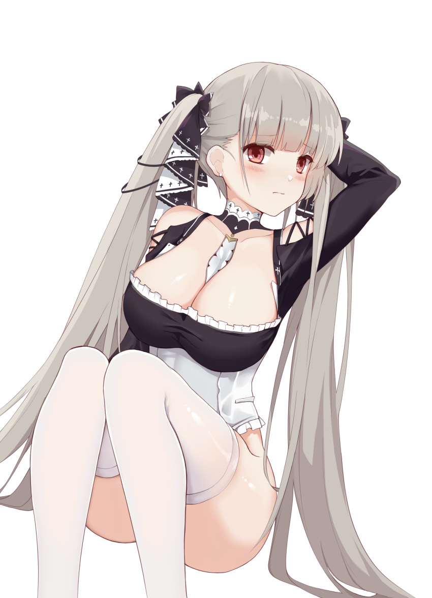 absurdres azur_lane bare_shoulders blush breasts chinese_commentary cleavage commentary ero_mang-a female formidable_(azur_lane) frills grey_hair hair_ribbon highres large_breasts long_hair long_sleeves looking_at_viewer no_panties red_eyes ribbon sitting solo thighhighs twintails very_long_hair white_thighhighs