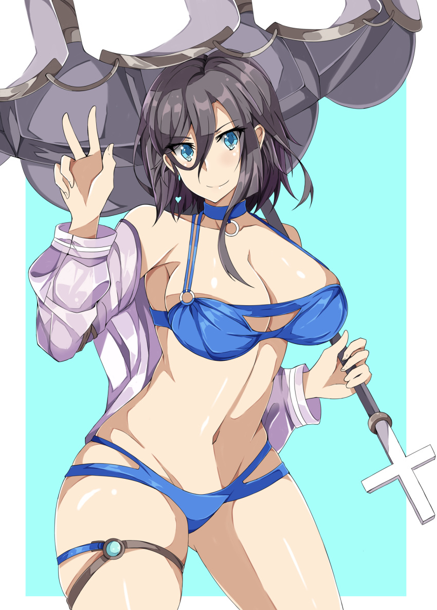 ark_royal_(azur_lane) ark_royal_(coast_watcher)_(azur_lane) ass_visible_through_thighs azur_lane bare_shoulders beach_umbrella bikini bikini_under_clothes black_hair blue_background blue_bikini blue_choker blue_eyes border breasts choker cleavage collarbone commentary cowboy_shot earrings female groin hair_between_eyes hand_up heart heart_earrings highres holding holding_umbrella jacket jewelry large_breasts looking_at_viewer midriff multi-strapped_bikini navel o-ring o-ring_bikini o-ring_top off_shoulder official_alternate_costume olly_(ollycrescent) open_clothes open_jacket purple_jacket short_hair sidelocks smile solo swimsuit thigh_strap umbrella v white_border