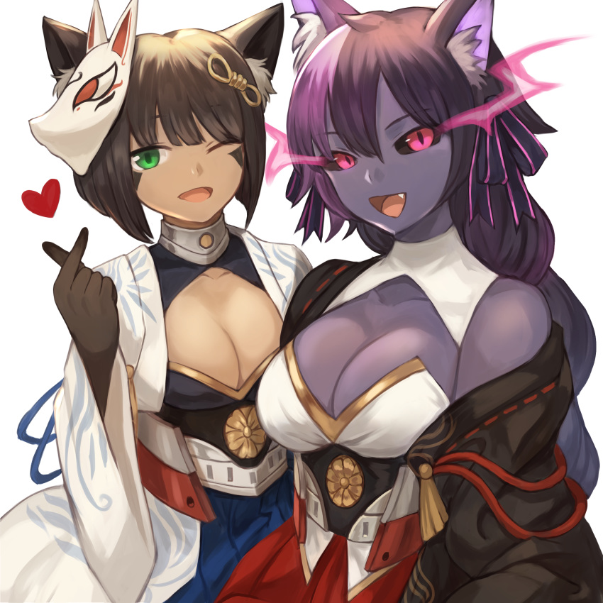 2girls :d ;d absurdres akagi_(azur_lane) akagi_(azur_lane)_(cosplay) animal_ear_fluff animal_ears azur_lane bare_shoulders black_gloves black_hair black_sclera blunt_bangs braid breasts cat_ears cheshire_cat_(monster_girl_encyclopedia) cleavage cleavage_cutout clothing_cutout collarbone colored_sclera commentary commission cosplay crossover english_commentary facial_mark flaming_eyes fox_mask fusion gloves green_eyes hair_between_eyes hair_ribbon hand_up heart hellhound_(monster_girl_encyclopedia) highres japanese_clothes kaga_(azur_lane) kaga_(azur_lane)_(cosplay) large_breasts long_hair looking_at_viewer mask mask_on_head monster_girl monster_girl_encyclopedia multicolored_hair multiple_girls oerba_yun_fang one_eye_closed open_mouth pink_eyes purple_hair ribbon short_hair simple_background slit_pupils smile sookmo two-tone_hair white_background wide_sleeves