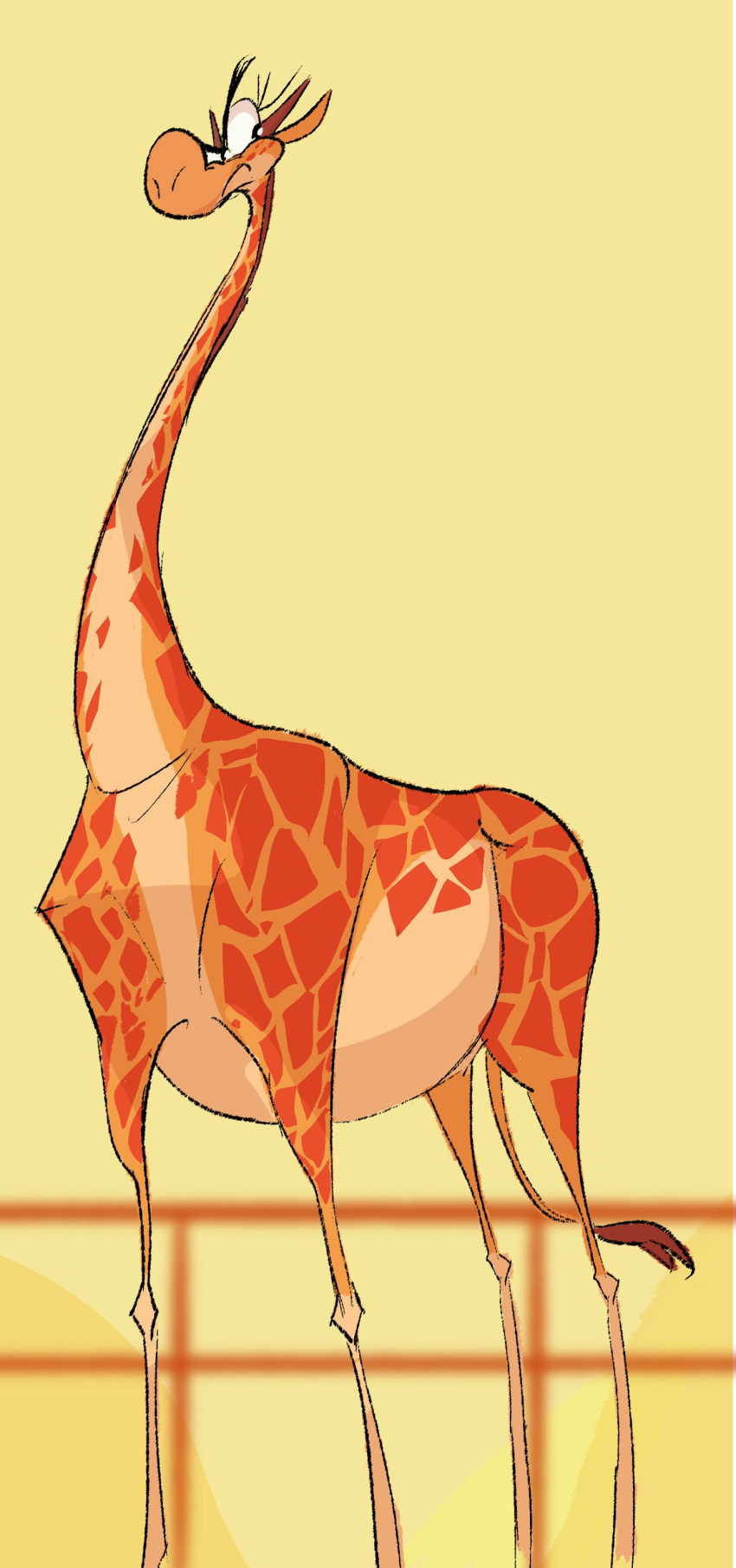 2023 absurd_res animal_print belly big_belly female feral fur giraffe giraffe_print giraffid hashira_the_giraffe hi_res horn long_legs looking_aside mammal markings orange_body orange_fur ossicone overweight overweight_female simple_background solo spots spotted_body spotted_fur tail windspan