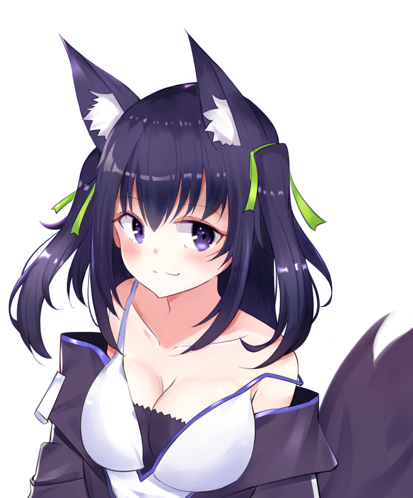 animal_ear_fluff animal_ears bare_shoulders breasts cat_ears cleavage commentary dreamoon female green_ribbons guild_cq highres large_breasts long_hair looking_at_viewer off_shoulder purple_eyes purple_hair quon_tama ribbon simple_background solo tail two_side_up virtual_youtuber white_background