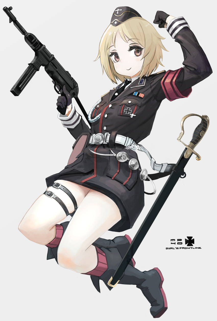 absurdres aiguillette belt black_footwear black_gloves black_hat black_necktie blonde_hair blush boots breast_pocket brown_eyes character_name commentary_request copyright_name cross female full_body girls'_frontline gloves grey_background gun hat highres holding holding_gun holding_weapon iron_cross kesomaru long_sleeves military military_uniform mp40 mp40_(girls'_frontline) necktie pocket short_hair simple_background smile solo submachine_gun sword thigh_strap uniform weapon