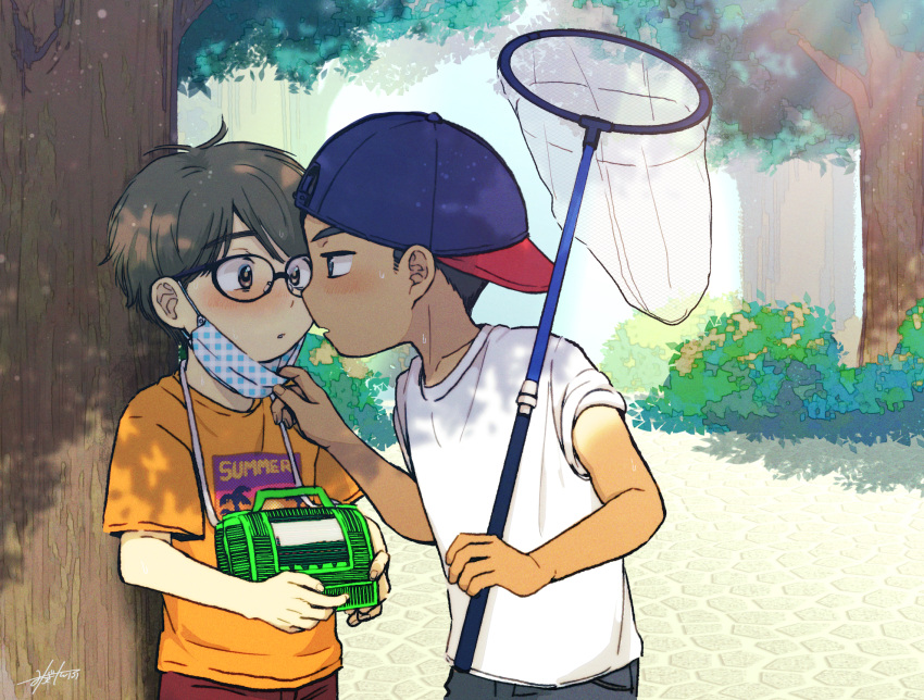 2boys antenna_hair backwards_hat baseball_cap black_hair blush brown_hair bush butterfly_net child_on_child clothes_lift commentary_request dappled_sunlight day eye_contact eyewear_on_head face-to-face forehead-to-forehead full-face_blush hand_net hat heads_together highres holding holding_butterfly_net imminent_kiss lolicon looking_at_another male_focus mask mouth_mask multiple_boys net oginy open_mouth original outdoors pulling radio shirt short_hair summer sunlight tan tanlines white_shirt yaoi yellow_shirt