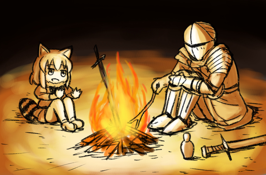 1boy :d animal_ears arai-san_mansion armor bonfire_(dark_souls) bottle campfire chosen_undead commentary common_raccoon_(kemono_friends) crossover dark_souls_(series) dark_souls_i dress epaulettes female fire full_armor fur_collar gauntlets helmet kemono_friends knees_to_chest open_mouth outstretched_arms raccoon raccoon_ears raccoon_tail sitting smile spread_fingers stick sword tail tenten_(nicoseiga18696142) weapon