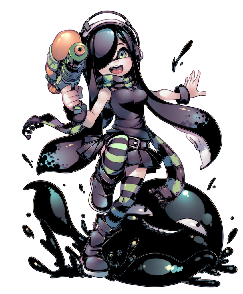 :d absurdres alternate_species aria_wintermint bare_shoulders belt black_footwear black_hair black_scarf boots commentary commission english_commentary female goth_fashion green_eyes green_scarf gug hair_over_one_eye highres inkling long_hair open_mouth paint_splatter parororo scarf simple_background smile smirk splatoon_(series) splatoon_1 splattershot_(splatoon) standing standing_on_one_leg striped_clothes striped_scarf super_soaker tentacle_hair the_crawling_city thighhighs weapon white_background zettai_ryouiki