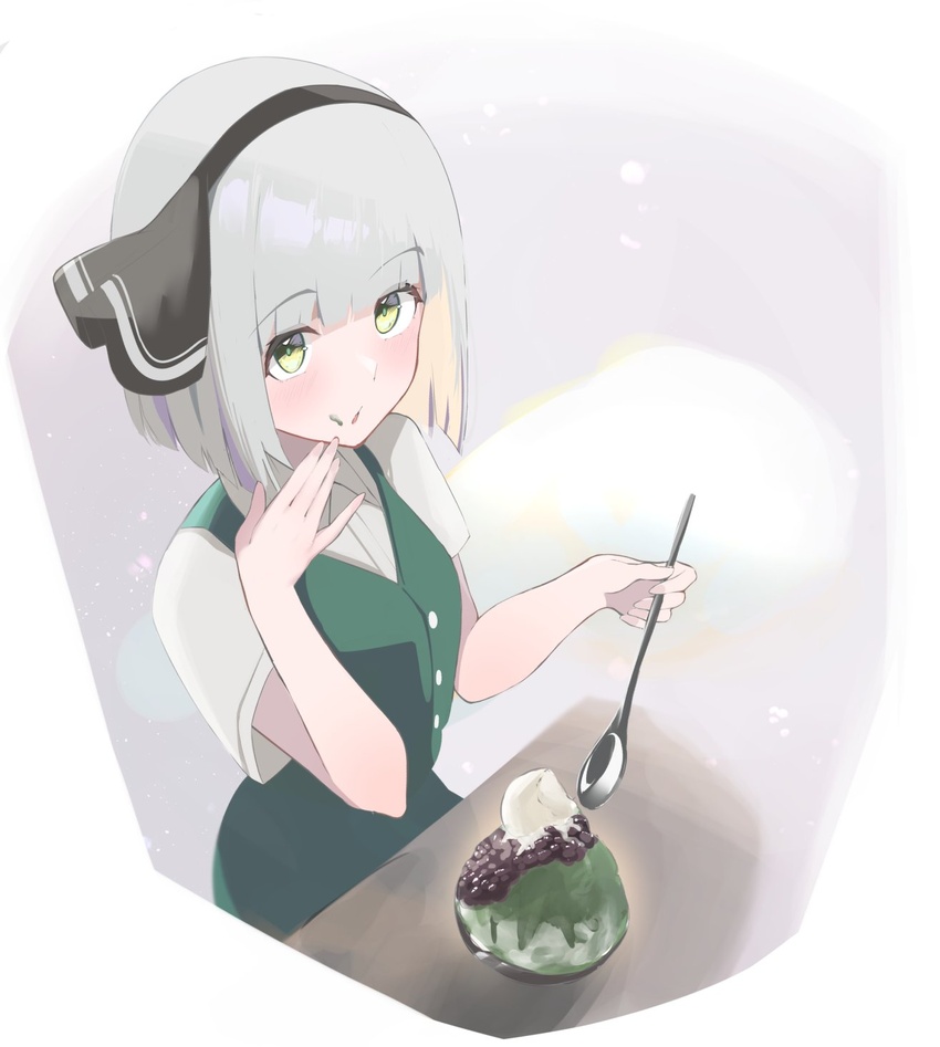 258n black_hairband black_ribbon blunt_bangs bowl female food green_vest hair_ribbon hairband highres konpaku_youmu konpaku_youmu_(ghost) ribbon shirt short_hair short_sleeves simple_background touhou vest white_background