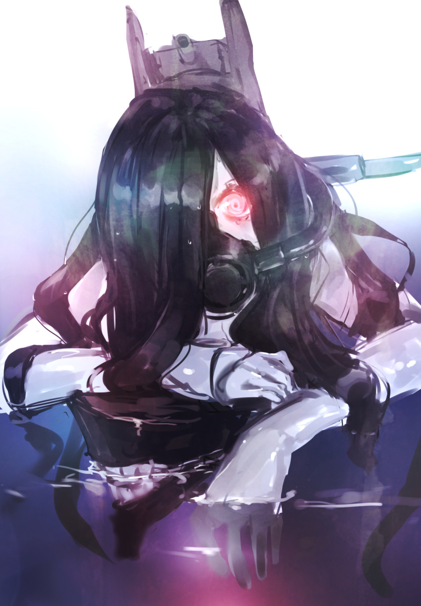 abyssal_ship bad_id bad_pixiv_id black_hair female glowing glowing_eyes hair_over_one_eye highres ka-class_submarine kantai_collection long_hair machinery mask oxygen_mask pale_skin partially_submerged red_eyes solo teeth water weasel_(close-to-the-edge)