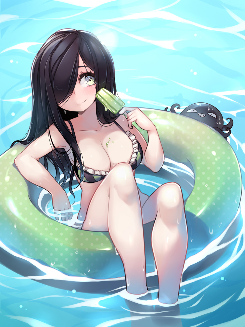 absurdres afloat aria_wintermint bikini black_hair breasts cleavage english_commentary female food green_eyes gug hair_over_one_eye highres innertube medium_breasts parororo pool popsicle smile solo sweat swim_ring swimsuit the_crawling_city thighs water wet