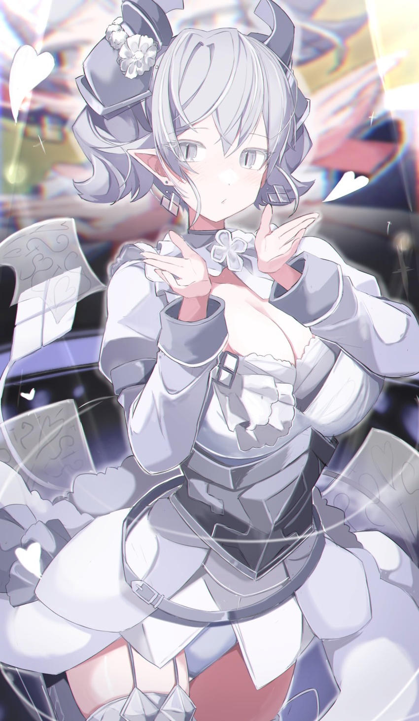 adapted_costume armor armored_dress blowing_kiss breasts cleavage cowboy_shot demon_girl demon_horns demon_tail demon_wings dress duel_monster female grey_eyes grey_hair highres horns large_breasts leotard looking_at_viewer lovely_labrynth_of_the_silver_castle sakuragi_raia solo tail twintails white_dress wings yu-gi-oh!