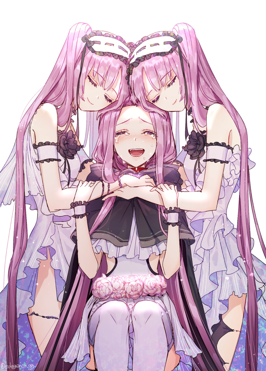 3girls :d armlet bare_shoulders black_cape blush cape closed_eyes collar commentary_request crying dress ede euryale_(fate) fate/grand_order fate/hollow_ataraxia fate_(series) flower frilled_hairband frills hairband happy_tears headdress highres lolita_hairband long_hair medusa_(fate) medusa_(lancer)_(fate) multiple_girls open_mouth purple_hair siblings sidelocks sisters sitting smile standing stheno_(fate) tears thighlet twintails very_long_hair white_dress