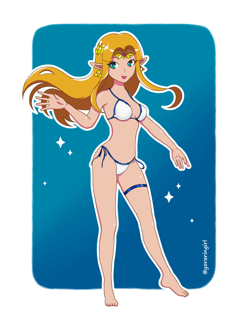 absurdres barefoot bikini blonde_hair commentary english_commentary feet female full_body highres princess_zelda rin-girl self-upload super_smash_bros. swimsuit the_legend_of_zelda the_legend_of_zelda:_a_link_between_worlds