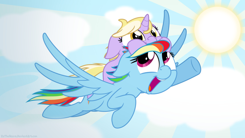 16:9 amber_eyes blonde_hair blue_body blue_feathers blue_fur cloud cutie_mark dinky_hooves_(mlp) duo equid equine feathered_wings feathers female feral flying friendship_is_magic fur grey_body grey_fur hair hasbro hi_res horn long_hair mammal multicolored_hair multicolored_tail my_little_pony mythological_creature mythological_equine mythology open_mouth outside pegasus purple_eyes rainbow_dash_(mlp) rainbow_hair rainbow_tail riding sky skyscape smile straddling sun tail tongue unicorn widescreen wings yellow_eyes young young_feral zutheskunk