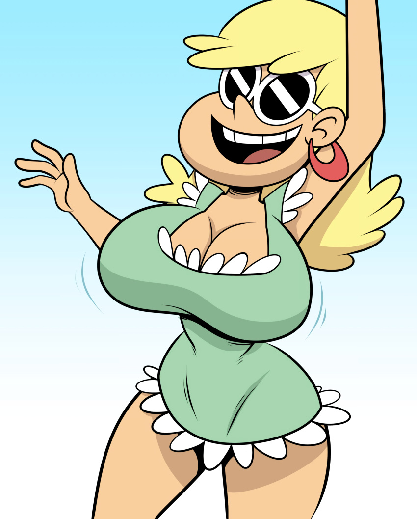 1girls alternate_breast_size big_breasts blonde_hair bouncing_breasts cleavage dress female female_only happy hauchy_mauche huge_breasts jiggling_breasts large_breasts leni_loud motion_lines nickelodeon open_mouth smile solo solo_female solo_focus straight straight_hair sunglasses the_loud_house thick_thighs thighs tinted_eyewear wide_hips