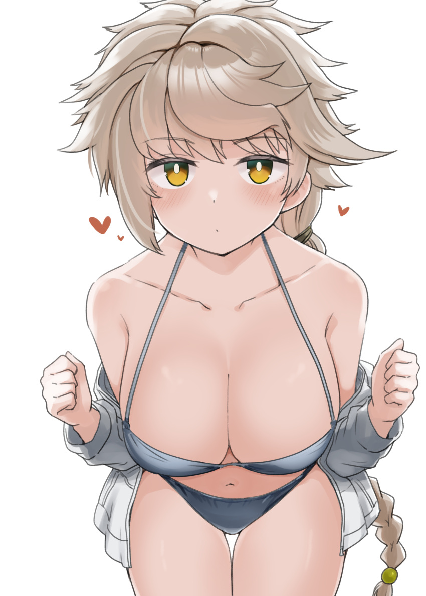 absurdres alternate_costume asymmetrical_hair bikini blue_bikini braid breasts brown_eyes cleavage collarbone cowboy_shot female go_yasukuni heart highres kantai_collection large_breasts leaning_forward long_braid long_hair looking_at_viewer navel simple_background single_braid solo standing swimsuit unryuu_(kancolle) very_long_hair wavy_hair white_background white_hair