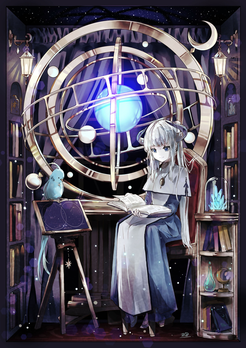 absurdres armillary_sphere bird blue_dress blue_eyes blunt_bangs book book_stack bookshelf capelet chair closed_mouth commentary crescent crystal demon_girl demon_horns dress female glass_bottle gyroscope highres holding holding_book horns jar jewelry lantern long_dress long_hair long_sleeves necklace open_book original pale_skin pendant reading sanamisa signature sitting smile solo star_(symbol) star_map symbol-only_commentary twintails very_long_hair white_capelet white_hair