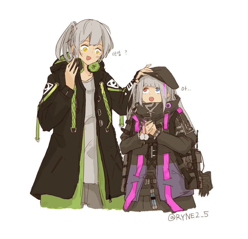 2girls :d aek-999_(girls'_frontline) beret black_headwear black_jacket blue_eyes blunt_bangs cellphone_charm charm_(object) collarbone emblem emblem_request girls'_frontline gradient_jacket grey_hair grey_jacket grey_pants grey_shirt hair_between_eyes hand_on_another's_head hat headphones headphones_around_neck height_difference heterochromia highres holding holding_phone hood hood_down hooded_jacket jacket korean_text layered_clothes long_hair looking_at_another mdr_(girls'_frontline) multicolored_clothes multicolored_hair multicolored_jacket multiple_girls neon_trim one_side_up open_mouth pants phone purple_jacket red_eyes ryne2_5 shirt short_hair side_ponytail sidelocks simple_background smile source_request streaked_hair t-shirt teeth teeth translation_request twitter_username two-tone_jacket upper_body upper_teeth_only white_background white_hair yellow_eyes zipper