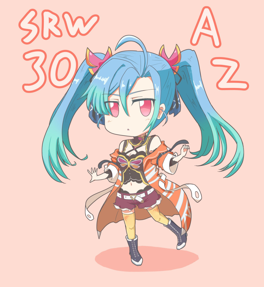 az_sainklaus black_footwear blue_hair boots breasts chibi cleavage cleavage_cutout clothing_cutout cowlick female gradient_hair green_hair hair_behind_ear hair_between_eyes highres jacket looking_at_viewer medium_breasts multicolored_hair munou_rx navel off_shoulder open_mouth orange_jacket red_eyes solo super_robot_wars super_robot_wars_30 thighhighs twintails