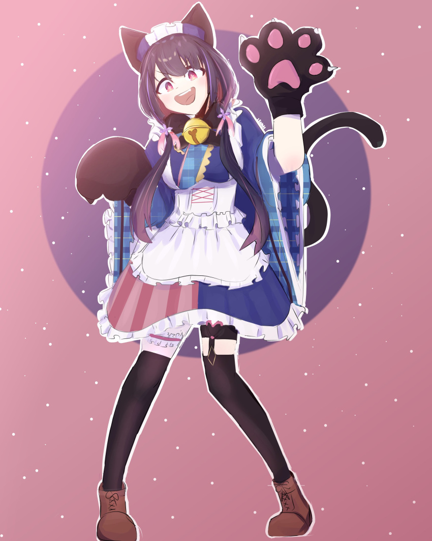 :d absurdres animal_ears animal_hands ankle_boots apron asymmetrical_clothes asymmetrical_skirt bell black_bow black_bowtie black_hair black_thighhighs blue_dress blue_headwear blue_skirt boots bow bowtie bridal_garter brown_footwear cat_ears cat_paws cat_tail colored_inner_hair cross-laced_footwear dress fake_animal_ears female flower frilled_apron frilled_dress frilled_skirt frilled_sleeves frills gloves gradient_eyes hair_between_eyes hair_flower hair_ornament highres hina_misora knees_together_feet_apart lace-up_boots legwear_garter lolita_fashion long_hair looking_at_viewer maid maid_apron mary_yerlein multicolored_clothes multicolored_eyes multicolored_hair multicolored_skirt neck_bell oerba_yun_fang open_mouth over-kneehighs paw_gloves paw_pose pink_background pink_eyes pink_hair pink_skirt plaid plaid_dress plaid_kimono ribbon-trimmed_sleeves ribbon_trim skirt smile solo standing streaked_hair striped_clothes striped_skirt symbol-shaped_pupils tail teeth thigh_strap thighhighs two-tone_hair upper_teeth_only v-shaped_eyebrows vertical-striped_clothes vertical-striped_skirt virtual_youtuber wa_maid wactor_production white_apron white_flower wide_sleeves yellow_eyes zettai_ryouiki