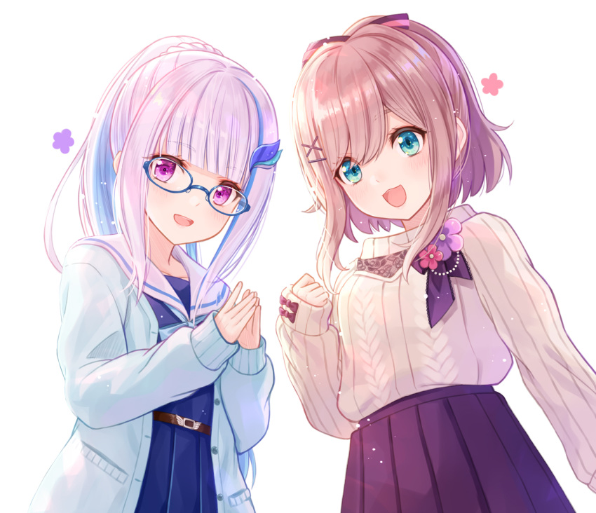 2girls :3 :d arm_at_side bespectacled blue_eyes blunt_bangs blush bow brown_hair commentary_request flower glasses hair_ornament hairbow highres jacket lize_helesta lize_helesta_(4th_costume) long_hair long_sleeves looking_at_viewer medium_hair multiple_girls nijisanji open_mouth own_hands_together ponytail purple_eyes purple_flower red_flower simple_background skirt sleeves_past_wrists smile standing suzuhara_lulu sweater tadokoro_teppei upper_body virtual_youtuber white_background white_hair x_hair_ornament