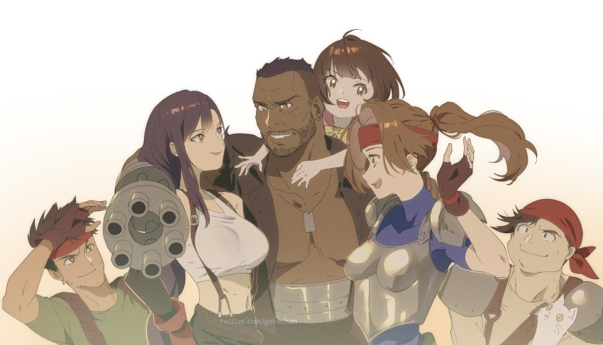 3boys 3girls :d amputee armor bandana barret_wallace beard biggs_(ff7) black_hair black_skirt breastplate brown_eyes brown_hair covered_collarbone crop_top earrings elbow_gloves facial_hair father_and_daughter feline final_fantasy final_fantasy_vii final_fantasy_vii_remake fingerless_gloves gloves goku-chan green_shirt grin headband highres jessie_rasberry jewelry long_hair marlene_wallace midriff multiple_boys multiple_girls muscular muscular_male open_mouth ponytail prosthesis prosthetic_arm prosthetic_weapon red_eyes shirt skirt smile suspender_skirt suspenders t-shirt tank_top teeth tifa_lockhart twitter_username upper_body upper_teeth_only wedge_(ff7) white_cat white_tank_top