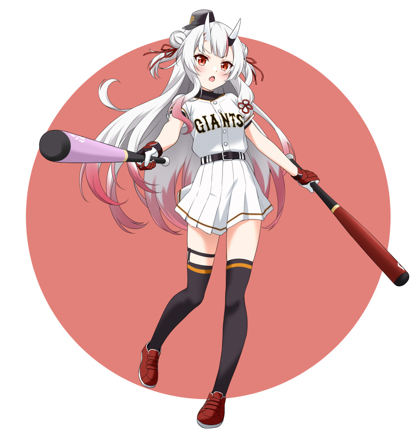 absurdres alternate_costume baseball_bat baseball_cap baseball_uniform belt black_belt black_bodysuit black_thighhighs blush bodysuit border breasts double_bun dual_wielding felutiahime female full_body gloves gradient_hair hair_between_eyes hair_bun hair_ribbon hat highres holding holding_baseball_bat hololive horns legwear_garter long_hair looking_at_viewer medium_breasts multicolored_clothes multicolored_gloves multicolored_hair nakiri_ayame nippon_professional_baseball oerba_yun_fang oni open_mouth pleated_skirt red_background red_eyes red_footwear red_gloves red_hair red_ribbon ribbon round_border shirt shirt_tucked_in short_sleeves skin-covered_horns skin_fang skirt solo sportswear thigh_strap thighhighs two-tone_background v-shaped_eyebrows virtual_youtuber white_background white_gloves white_hair white_shirt white_skirt yomiuri_giants zettai_ryouiki