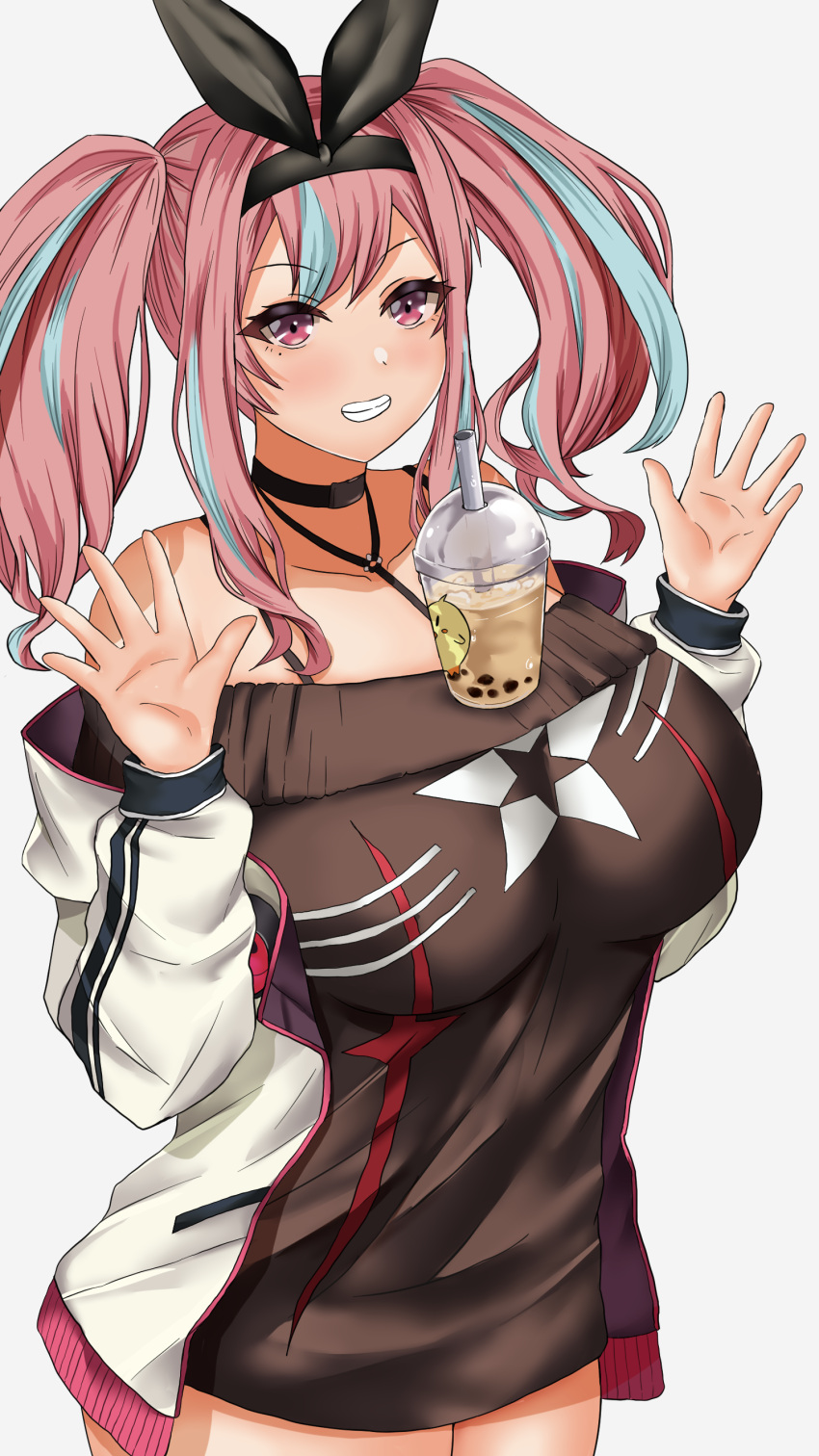 absurdres azur_lane bare_shoulders between_breasts black_choker black_sweater bra_strap breasts bremerton_(azur_lane) bremerton_(day-off_date)_(azur_lane) bubble_tea bubble_tea_challenge choker cleavage collarbone commentary cowboy_shot cup disposable_cup dress drinking_straw female grey_hair grin hair_intakes hair_ornament hands_up highres jacket large_breasts long_hair long_sleeves looking_at_viewer mole mole_under_eye multicolored_hair object_on_breast off-shoulder_dress off-shoulder_sweater off_shoulder official_alternate_costume open_clothes open_jacket pink_eyes pink_hair sidelocks simple_background smile solo standing star_(symbol) star_print strap_between_breasts streaked_hair sweater sweater_dress takeshiki_no_hirata teeth twintails two-tone_hair white_background white_jacket