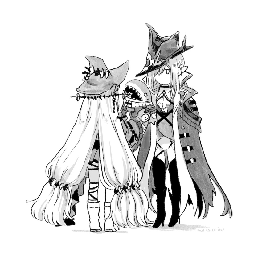 3girls animalization arknights ascot boots cloak dated facing_away gladiia_(arknights) greyscale hair_over_one_eye hands_up hat headgear high_heel_boots high_heels highres holding holding_stuffed_toy in_todni long_hair looking_at_another low-tied_long_hair low_twintails monochrome multiple_girls no_mouth official_alternate_costume one_eye_covered orca_hair_ornament pointy_ears shadow sharp_teeth sidelocks simple_background skadi_(arknights) skadi_the_corrupting_heart_(arknights) specter_(arknights) standing stuffed_animal stuffed_shark stuffed_toy teeth thigh_boots thighhighs twintails unamused very_long_hair white_background