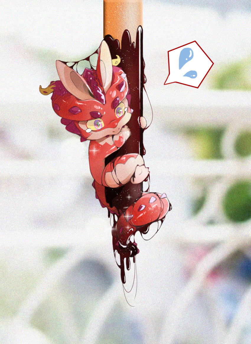 1boy animal_ears bara blurry blurry_background chibi chocolate colored_sclera colored_skin commentary cthugha_(housamo) flying_sweatdrops full_body furry furry_male highres holding_on male_focus nek_lo nude purple_eyes red_skin snout solo spoken_flying_sweatdrops tail tearing_up tentacle tentacle_hair tokyo_afterschool_summoners yellow_sclera