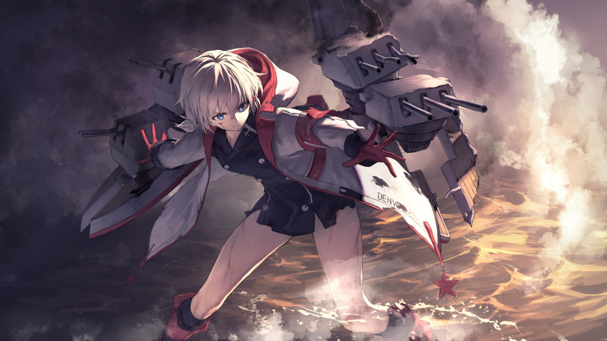 azur_lane blue_eyes buttons denver_(azur_lane) double-breasted dress female gloves grey_hair hair_between_eyes hair_ornament hairclip highres hood hooded_jacket injury itaco jacket long_sleeves low_twintails open_clothes open_jacket pencil_dress red_gloves rigging scratches short_dress short_hair short_twintails solo torn_clothes twintails water white_jacket