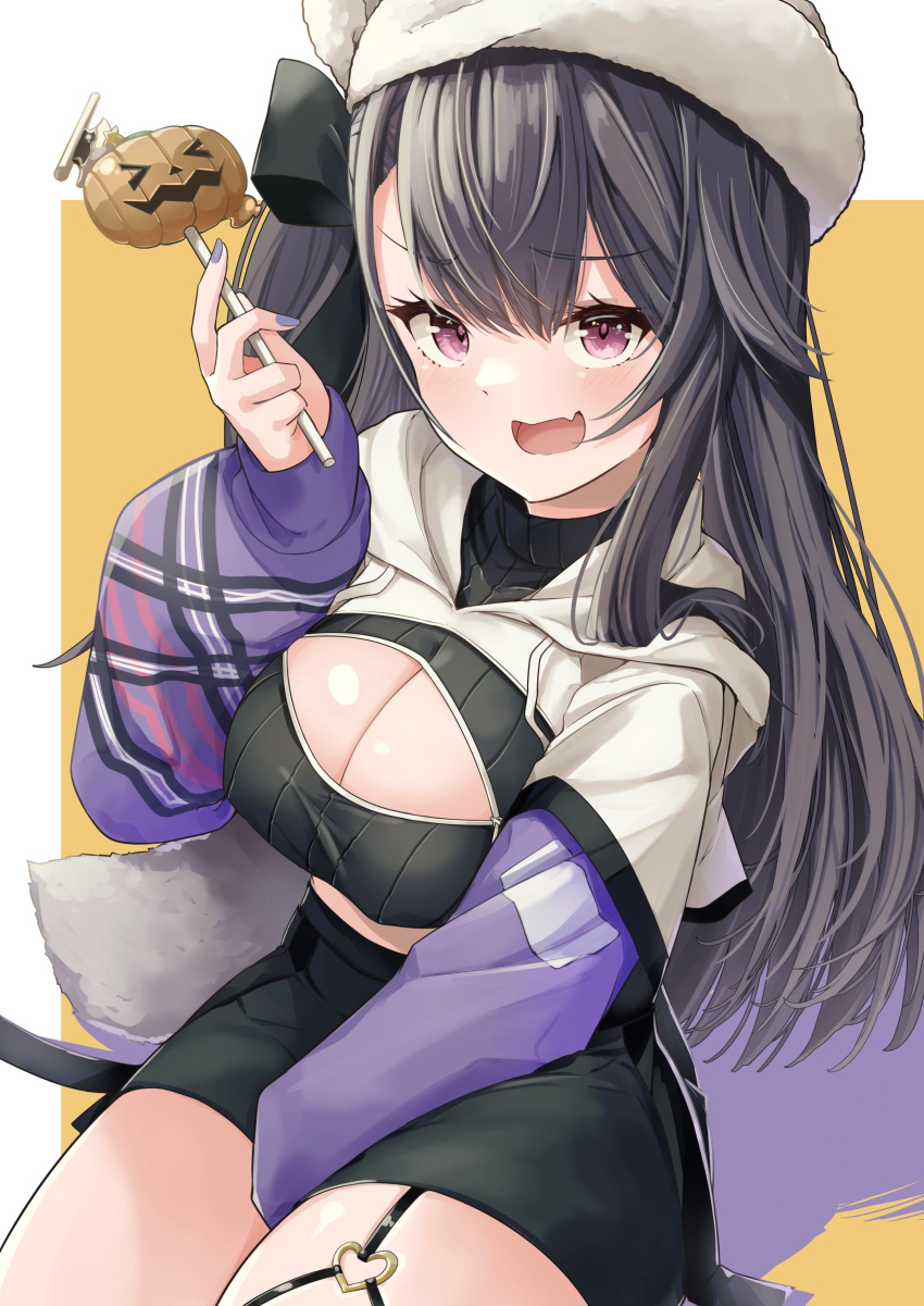 absurdres azur_lane between_legs black_skirt breasts candy cleavage_cutout clothing_cutout commentary dot_nose drawstring female food garter_straps hair_between_eyes hand_between_legs hat heart highres holding holding_candy holding_food holding_lollipop hood hood_down jack-o'-lantern large_breasts leer.meer lollipop long_hair long_sleeves looking_at_viewer miniskirt nail_polish oerba_yun_fang official_alternate_costume open_mouth pamiat_merkuria_(azur_lane) pamiat_merkuria_(chic_and_cheeky)_(azur_lane) pink_eyes purple_nails raised_eyebrow shiny_skin shrug_(clothing) skin_fang skirt sleeves_past_wrists smile solo tail thighs white_hat zipper_pull_tab