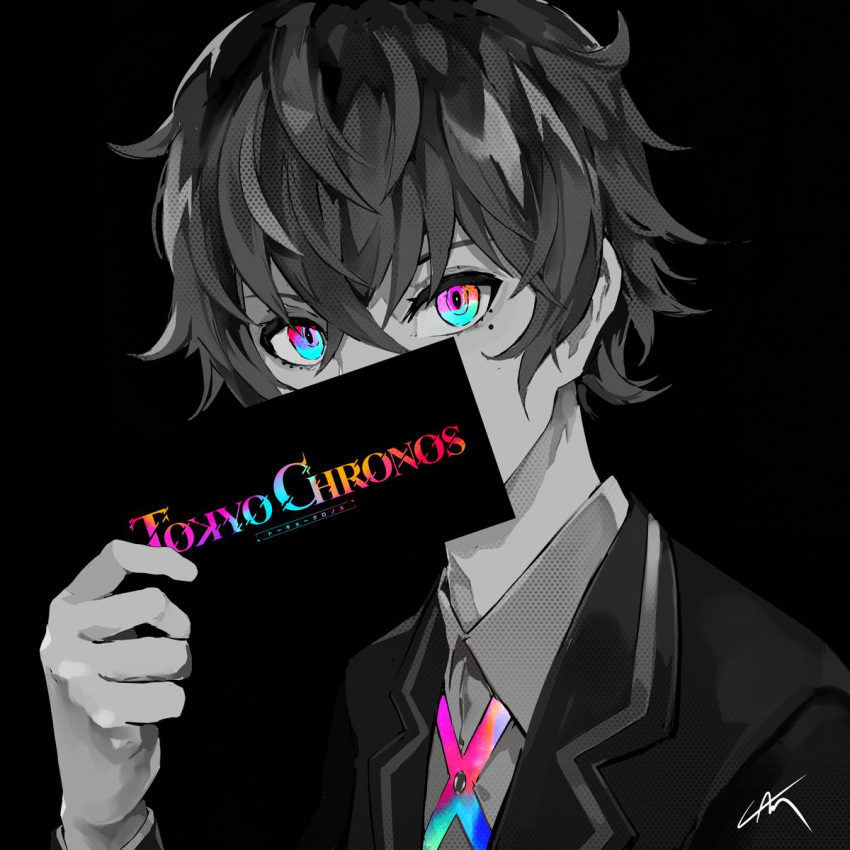 1boy black_background blue_eyes character_request collared_shirt copyright_name covering_own_mouth hair_behind_ear hair_between_eyes highres holding lam_(ramdayo) limited_palette looking_at_viewer male_focus mole mole_under_eye multicolored_eyes pink_eyes shirt signature spot_color tokyo_chronos