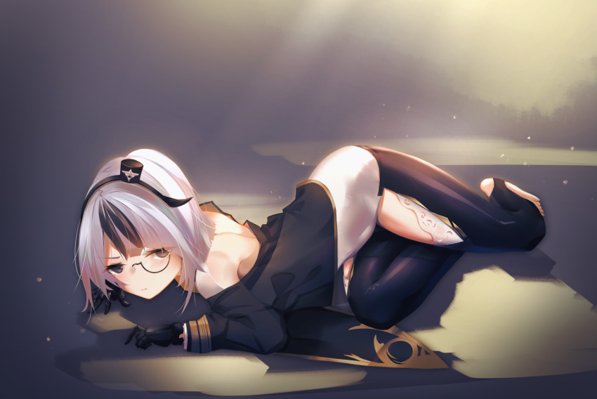 asymmetrical_hair azur_lane bare_shoulders bearn_(azur_lane) black_background black_coat black_hair black_thighhighs closed_mouth clothing_cutout coat commentary dress female full_body gloves grey_hair hair_ornament highres ka11_ca light_rays looking_at_viewer lying metal_gloves monocle no_shoes off_shoulder on_side shadow short_hair sidelocks solo thigh_cutout thighhighs toeless_legwear white_dress