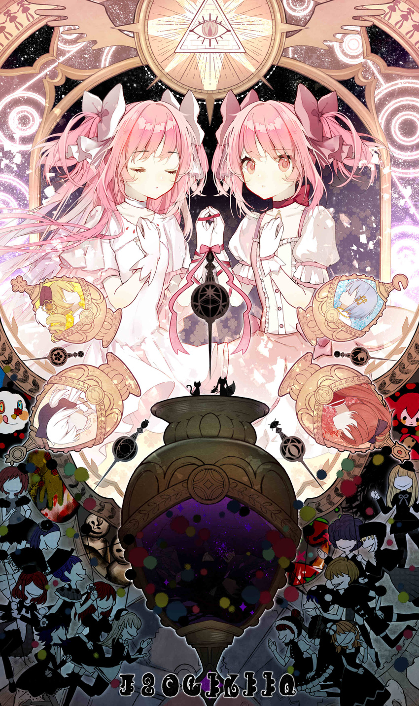 6+girls absurdres akemi_homura amy_(madoka_magica) animal art_nouveau beanie beret black_dress black_hair black_headwear black_ribbon blonde_hair blue_hair bound character_cutout charlotte_(madoka_magica) choker circle clara_dolls_(madoka_magica) closed_eyes closed_mouth collarbone colorful commentary_request corruption creature dark_background dress drill_hair dual_persona evil_smile expressionless eye_of_providence eyelashes eyes_visible_through_hair familiar_(madoka_magica) feline flat_chest floating_hair floral_background fortissimo frilled_sleeves frills funeral_dress furrowed_brow gloves glowing gradient_background grief_seed hair_between_eyes hair_ornament hair_ribbon hairclip hand_on_own_chest hand_up hat high_collar high_ponytail highres holding_hands homulilly in_container kakami_(pixiv7616827) kaname_madoka kaname_madoka_(magical_girl) kyuubee light_particles light_rays long_dress long_hair looking_at_viewer madoka_runes magic_circle magical_girl mahou_shoujo_madoka_magica mahou_shoujo_madoka_magica:_hangyaku_no_monogatari miki_sayaka miki_sayaka_(magical_girl) momoe_nagisa momoe_nagisa_(magical_girl) multiple_girls musical_note musical_note_hair_ornament night night_sky no_eyes no_mouth no_nose octagram pale_skin parted_lips pink_eyes pink_hair pink_ribbon pink_theme polka_dot pom_pom_(clothes) ponytail profile puffy_short_sleeves puffy_sleeves red_background red_choker red_hair ribbon ribbon_choker sakura_kyoko sakura_kyoko_(magical_girl) short_hair short_sleeves side-by-side sidelocks silhouette sky smile soul_gem sparkle_background star_(sky) starry_background starry_sky submerged tied_up_(nonsexual) tomoe_mami tomoe_mami_(magical_girl) triangle twin_drills twintails two_side_up ultimate_madoka upper_body very_long_hair white_background white_choker white_dress white_gloves white_hair white_ribbon wide_sleeves wings witch_(madoka_magica) worried yellow_background