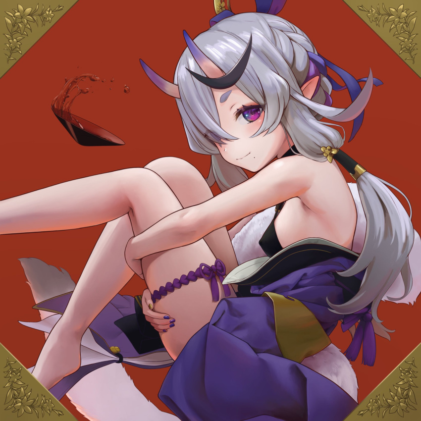 armpits bare_shoulders barefoot braid breasts cup female from_side gold_nails grey_hair hair_over_one_eye hair_ribbon hair_tubes highres horns hugging_own_legs japanese_clothes kimono looking_at_viewer low_twintails mole mole_under_mouth multicolored_hair nail_polish nijisanji oni potato_iida purple_eyes purple_hair purple_kimono purple_nails ribbon rindou_mikoto sakazuki sideboob sitting skin-covered_horns small_breasts smile solo streaked_hair thick_eyebrows thigh_strap thighs twintails two-tone_hair virtual_youtuber