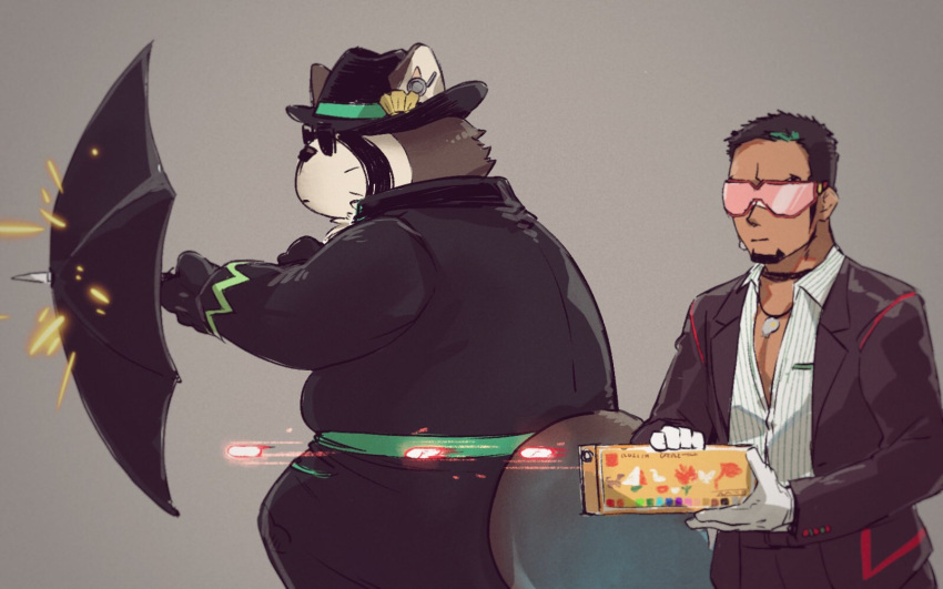 16:10 2021 anthro bottomwear brown_body brown_fur canid canine clothing duo eyewear fur hi_res human jinnai kemono kyoichi_(live_a_hero) lifewonders live_a_hero male mammal overweight overweight_male pants raccoon_dog shirt shoen simple_background sunglasses tanuki topwear weapon widescreen