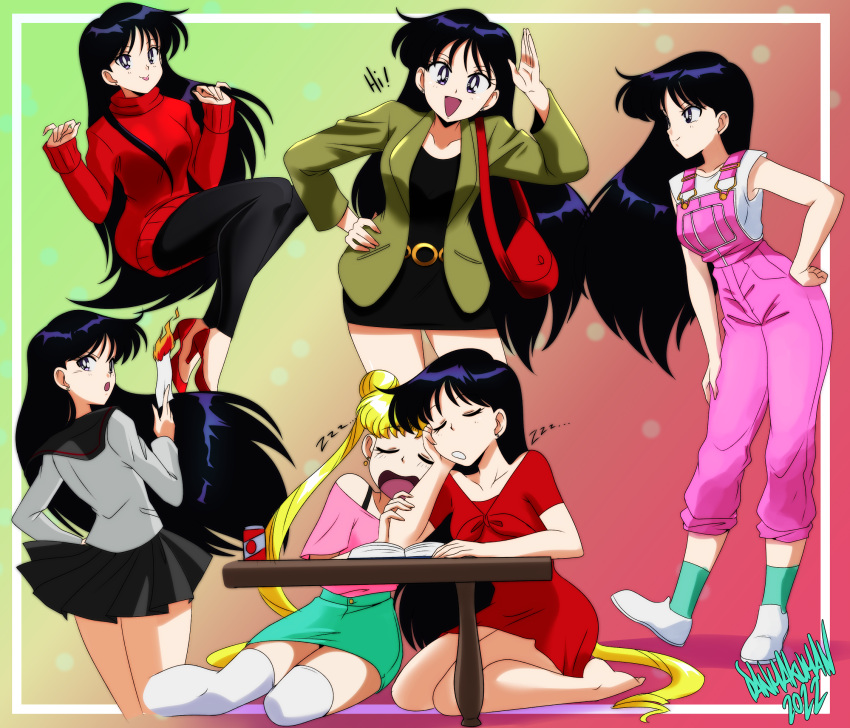 2022 2girls artist_name bag barefoot bishoujo_senshi_sailor_moon black_dress black_hair blonde_hair bra_strap breasts closed_eyes danmakuman double_bun dress english_commentary green_jacket hair_bun handbag highres hino_rei jacket long_hair medium_breasts miniskirt multiple_girls off_shoulder official_alternate_costume open_mouth overalls pleated_skirt purple_eyes red_dress red_overalls school_uniform serafuku short_dress signature sitting skirt sleeping smile sweater sweater_dress thighhighs tsukino_usagi twintails very_long_hair yokozuwari