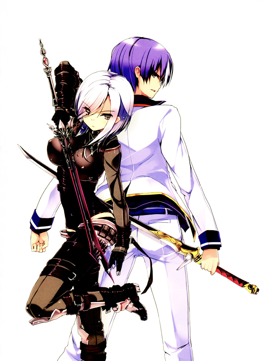 1boy absurdres back-to-back black_gloves brown_eyes character_request female gloves haimura_moroha highres holding holding_sword holding_weapon long_hair purple_hair refeia seiken_tsukai_no_world_break short_hair simple_background sword weapon white_background white_hair