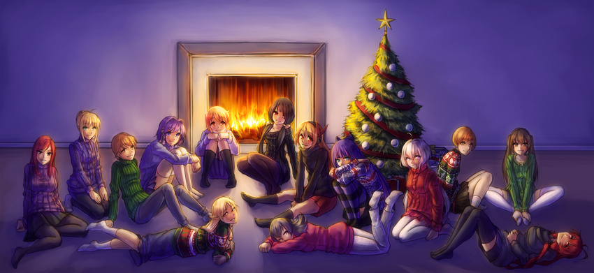 6+girls absurdres ahoge akame_ga_kill! alternate_costume artoria_pendragon_(fate) black_socks black_thighhighs blonde_hair chelsea_(akame_ga_kill!) christmas christmas_tree clannad crossover date_a_live erza_scarlet fairy_tail fairy_wings fate/stay_night fate_(series) fireplace fujibayashi_ryou fujimura_taiga highres himuro_akari kotoura-san kotoura_haruka long_hair lying minami-ke minami_kana monorus multiple_girls night_wizard pants panty_&_stocking_with_garterbelt pantyhose persona persona_4 photoshop_(medium) pokemon red_hair saber_(fate) sabrina_(pokemon) sako_rk_95_(upotte!!) satonaka_chie senki_zesshou_symphogear short_hair sitting skirt smile socks stocking_(psg) sweater thighhighs tokisaki_kurumi upotte!! wings yukine_chris