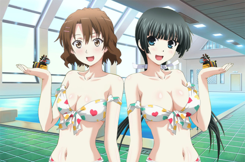 2girls bikini black_hair blue_eyes blush breasts brown_eyes brown_hair cleavage de hair_ornament hairclip heart horse koi large_breasts long_hair looking_at_viewer lovecome machigatteiru. maji mayuzumi_yukie medium_breasts multiple_girls ni no ore orimoto_kaori ponytail pool seishun shinasai! short_hair strap_slip swimsuit wa watashi yahari