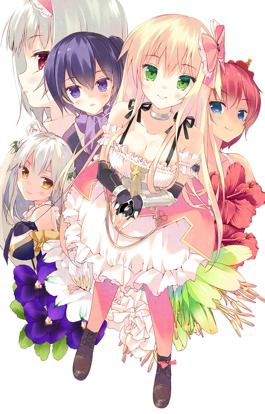 5girls absurdres agave albino alstroemeria_(flower) alstroemeria_(flower_knight_girl) arikawa_satoru black_bow black_gloves blonde_hair blue_eyes bow breasts choker cleavage expressionless fingerless_gloves flower flower_knight_girl frilled_skirt frills gloves green_eyes hairband hairbow hibiscus hibiscus_(flower_knight_girl) highres large_breasts long_hair looking_at_viewer multiple_girls name_connection object_namesake pansy pantyhose pink_bow pink_legwear profile purple_eyes purple_flower purple_hair purple_pansy_(flower_knight_girl) red_eyes red_flower red_hair rose royal_princess_(flower_knight_girl) ryuzetsuran_(flower_knight_girl) shoes short_hair skirt smile standing violet_(flower) white_background white_flower white_hair white_rose white_skirt yellow_eyes