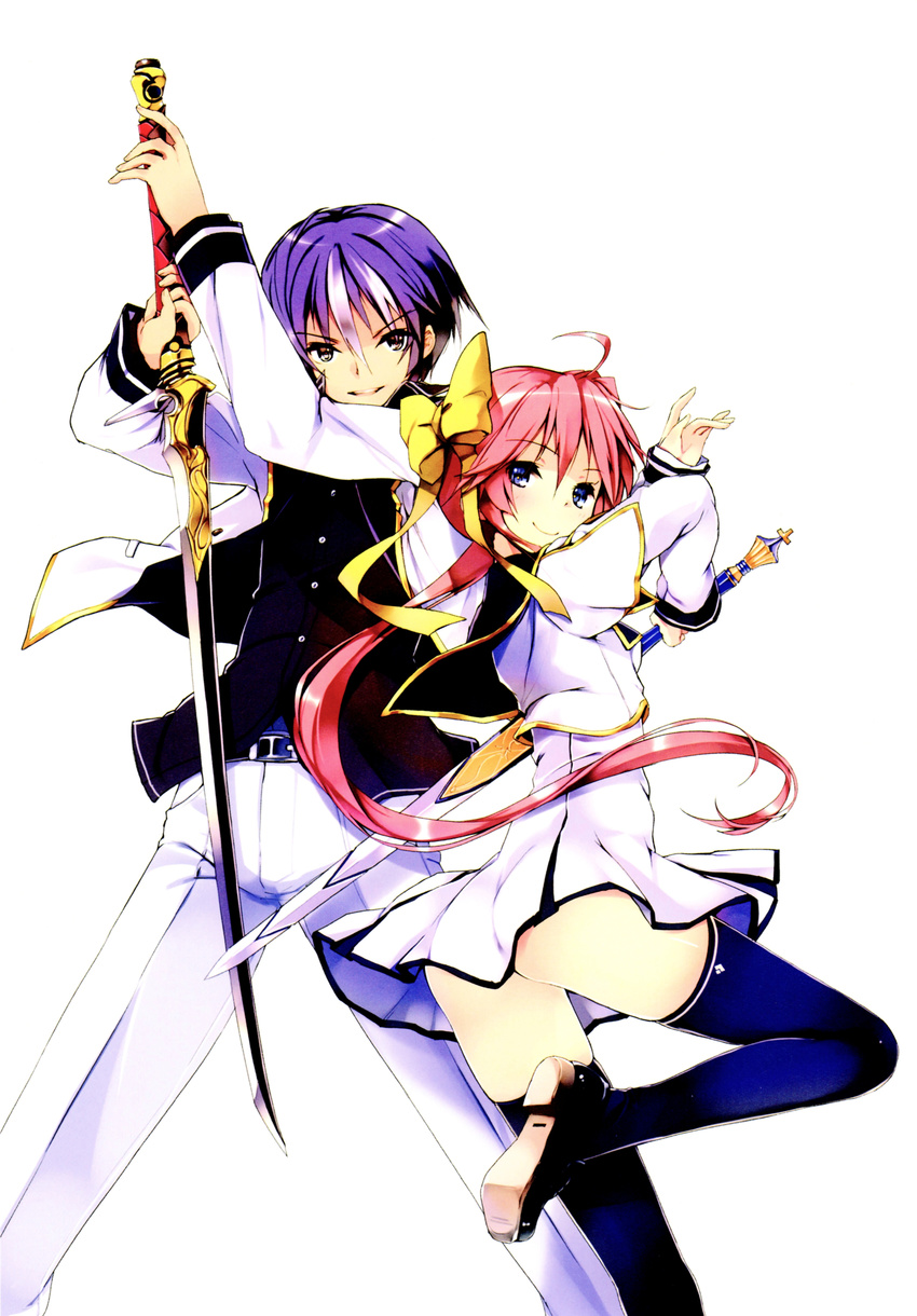 1boy absurdres akane_academy_school_uniform belt black_eyes blue_eyes cover_image female haimura_moroha highres holding holding_sword holding_weapon long_hair novel_illustration official_art pink_hair purple_hair ranjou_satsuki refeia school_uniform seiken_tsukai_no_world_break simple_background skirt smile sword thighhighs weapon white_background white_skirt