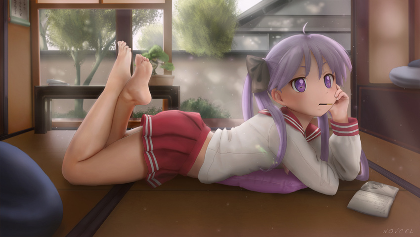 absurdres ahoge artist_name bare_legs barefoot bow commentary english_commentary feet female food full_body hairbow hand_on_own_face highres hiiragi_kagami house indoors long_hair lucky_star lying md5_mismatch mouth_hold novcel novel_(object) on_floor on_stomach photoshop_(medium) plant plantar_flexion pocky purple_eyes purple_hair ryouou_school_uniform school_uniform serafuku skirt solo tatami the_pose toes tree twintails