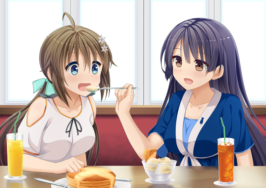 2girls absurdres amamiya_inari bad_id bad_pixiv_id blue_eyes breasts brown_eyes brown_hair drink feeding food highres koinaka_-koinaka_de_hatsukoi_x_nakadashi_sexual_life- kudou_mai long_hair medium_breasts multiple_girls nonohara_mio open_mouth pancake twintails