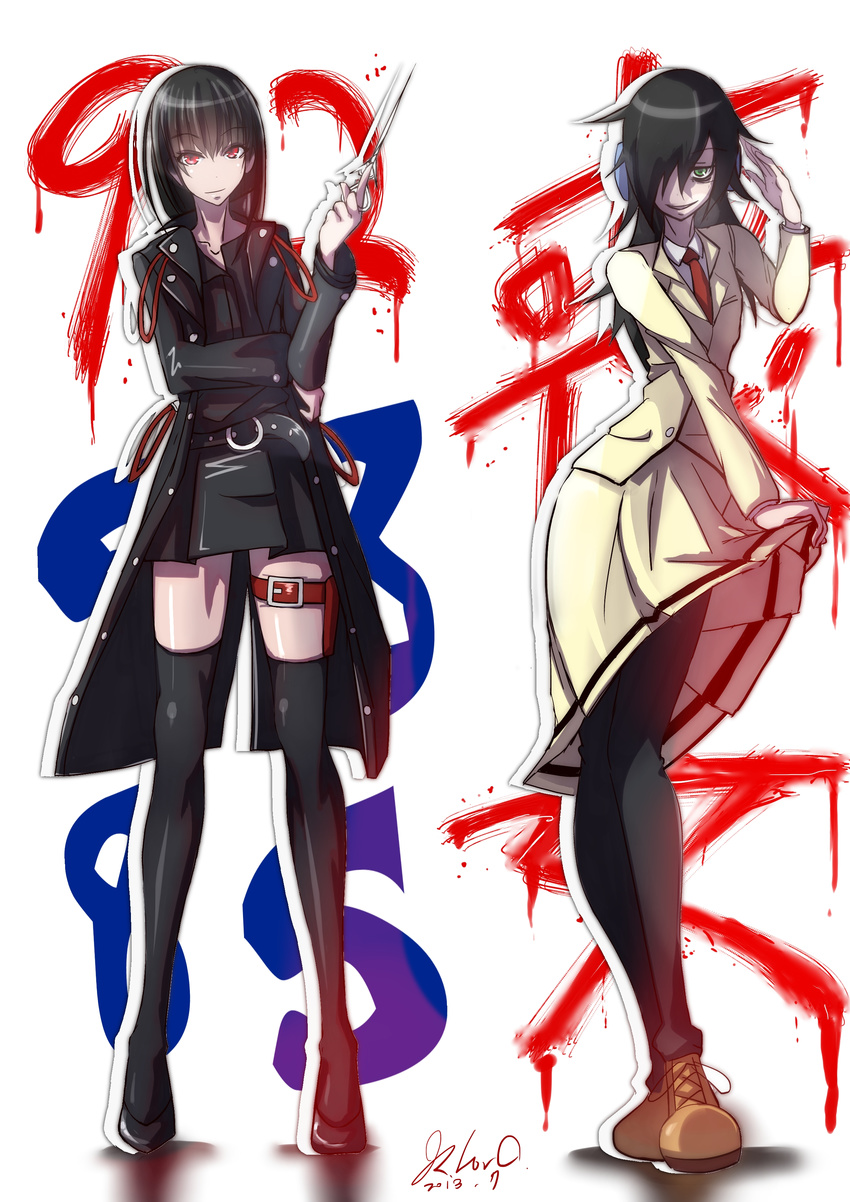 2girls belt black_hair coat crossover green_eyes hair_over_one_eye inu_to_hasami_wa_tsukaiyou kuroki_tomoko long_hair multiple_girls natsuno_kirihime necktie open_mouth pantyhose red_eyes school_uniform scissors shoes simple_background skirt smile thighhighs watashi_ga_motenai_no_wa_dou_kangaetemo_omaera_ga_warui!