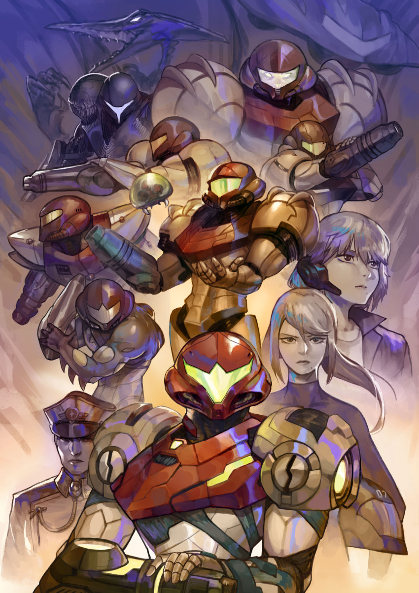 1boy 2girls 6+others absurdres adam_malkovich arm_cannon armor assault_visor bad_id bad_twitter_id blue_visor boridongja commentary dark_samus english_commentary fusion_suit glowing glowing_eyes green_visor grey_visor helmet highres long_hair looking_at_viewer metroid metroid_(creature) metroid_dread metroid_fusion metroid_prime military military_uniform monster multiple_girls multiple_others multiple_persona orange_visor ponytail power_armor power_suit_(metroid) ridley sa-x samus's_gunship samus_aran uniform varia_suit weapon white_visor yellow_visor zero_suit