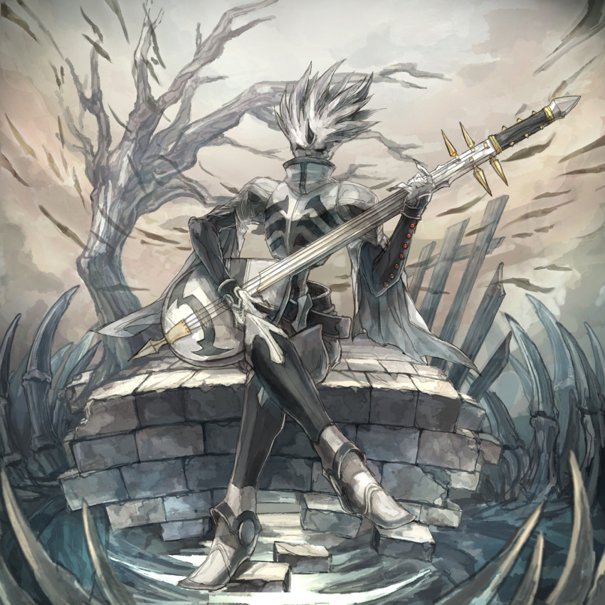 1boy armor bare_tree beet_the_vandel_buster black_eyes black_horns bone breastplate brick broken cape cloud cloudy_sky covered_mouth crack crossed_legs fingernails greaves grey_cape grey_hair grey_theme guitar highres holding holding_instrument horns instrument komori_uta_(comori_uta) long_fingernails male_focus music no_pupils outdoors pauldrons playing_instrument see-through sharp_fingernails shoulder_armor single_horn sitting sky solo spiked_hair torn torn_cape torn_clothes tree water white_footwear