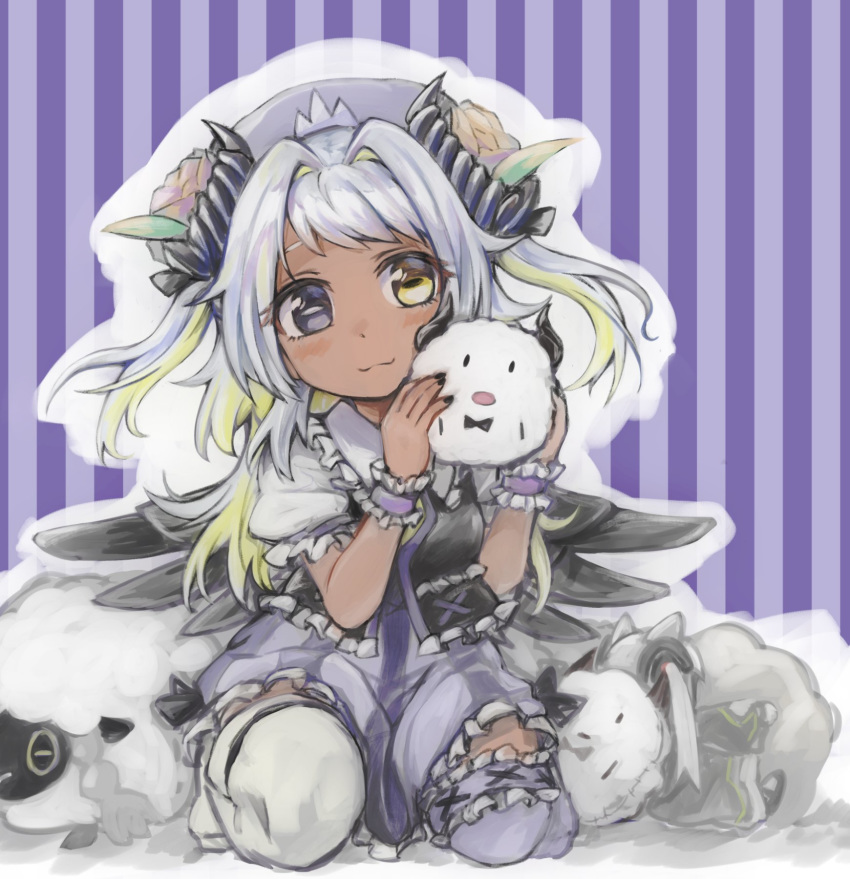 amaryllis_gumi asymmetrical_legwear black_eyes black_wings blush closed_mouth commentary creature curled_horns dark-skinned_female dark_skin dress female full_body giren heterochromia highres holding holding_creature horns long_hair mismatched_legwear pokemon purple_dress sheep sitting smile solo striped striped_background thighhighs virtual_youtuber white_hair wings wooloo yellow_eyes yotsutsuji_mayoi zettai_ryouiki