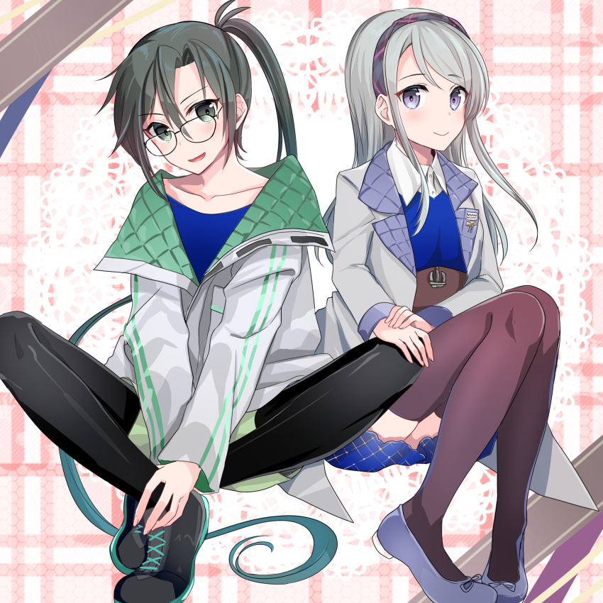 2girls :d amagiri_(kancolle) amagiri_kai_ni_(kancolle) anchor asymmetrical_bangs black-framed_eyewear black_footwear black_legwear blue_shirt blue_skirt collarbone flats full_body glasses green_shorts grey_eyes grey_hair hair_between_eyes hairband high_heels highres jacket kantai_collection long_hair looking_at_viewer multiple_girls official_alternate_costume open_mouth pantyhose ponytail pumps purple_eyes purple_hairband purple_legwear sagiri_(kancolle) shirt shoes shorts sitting skirt smile sneakers swept_bangs tareme thighhighs tsurime very_long_hair white_jacket white_shirt yunamaro